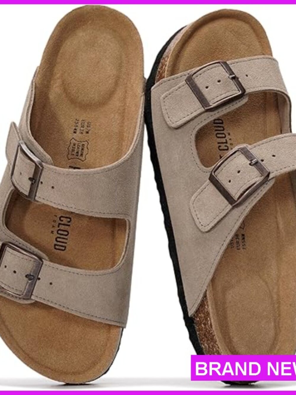 Genuine Leather Slide Sandals with Memory Foam Cork Footbed Arch Support